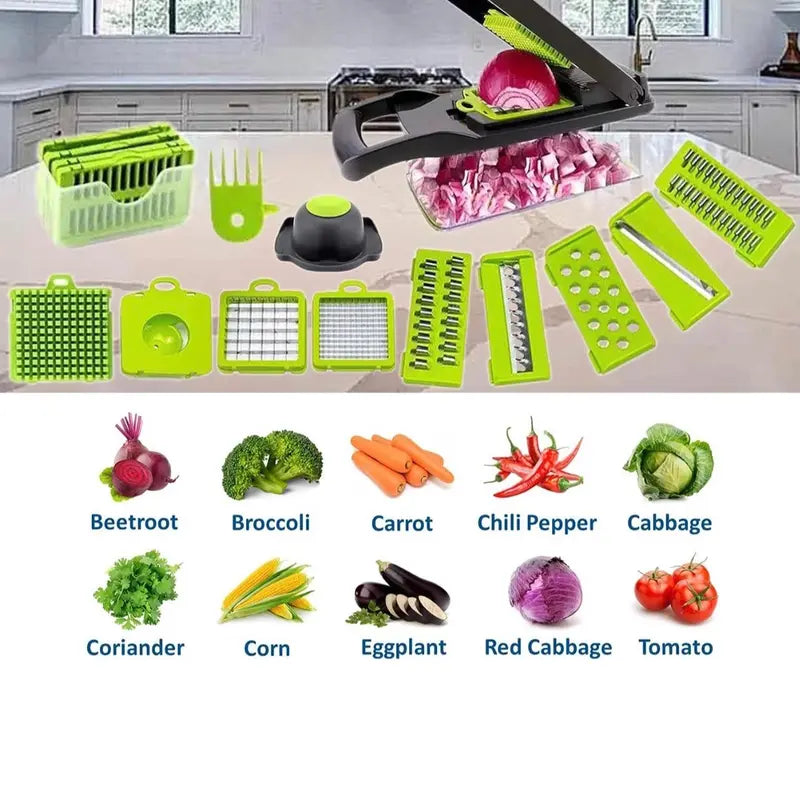 12 in 1 Vegetable Chopper – Onion, Salad Chopper, Kitchen Multifunctional Vegetable Slicer Dicer Household Kitchen Manual Grater Cutter for Onion, Garlic, Carrot, Potato, Tomato, Fruit, Salad Utensils Blade